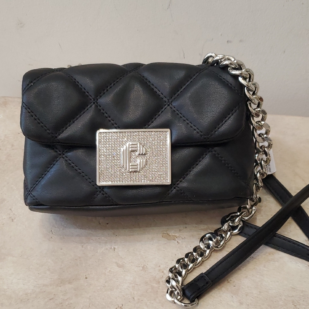 Black Quilted Crossbody Bag with Silver Chain and Plaque
